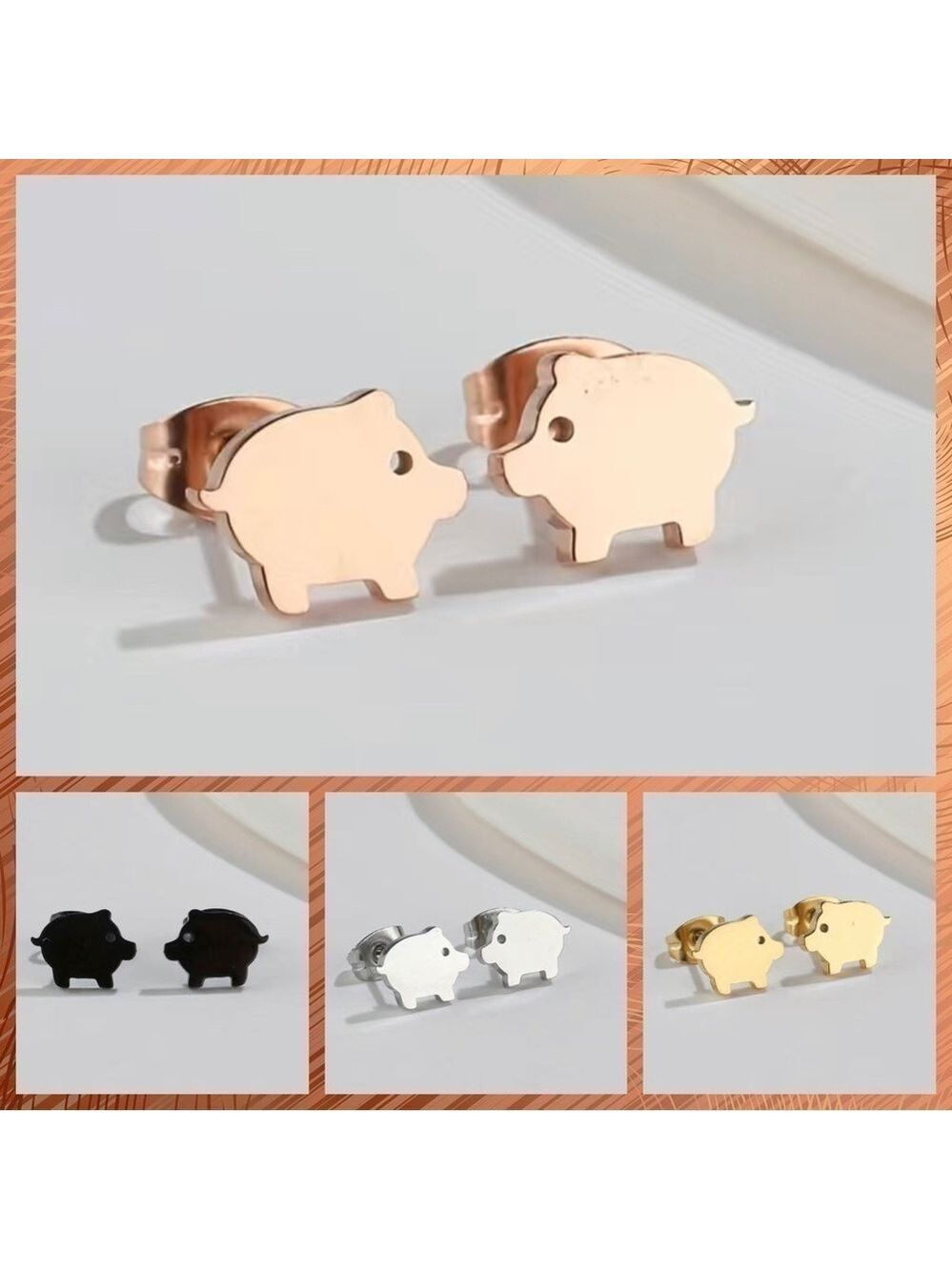 Little Pigs Stainless Steel Stud Earrings #821 (Color: Rose Gold)